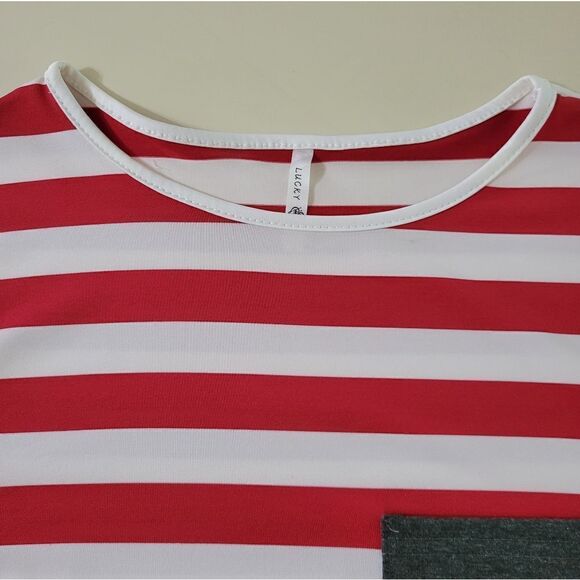 Lucky Red White Stripe Colorblock Long Sleeve Blouse Top - Picture 10 of 13